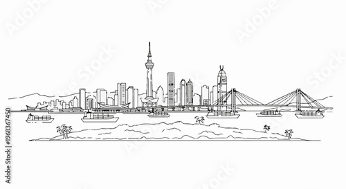 Stylized skyline with skyscrapers, bridges, and cargo ships on water