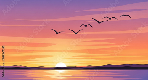 Birds flying over serene lake at sunset with vibrant purple orange and pink hues in the sky