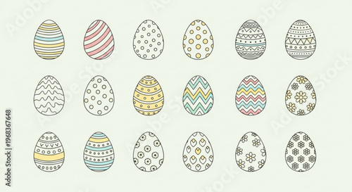 Collection of hand drawn easter eggs with various colorful doodle patterns