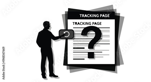 Businessman holding tablet with question mark on tracking page document in office setting, symbolizing confusion or uncertainty in professional environment