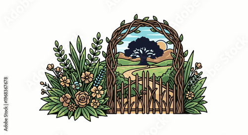 Rustic wooden gate entwined with vines leads to a serene landscape
