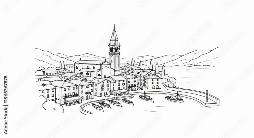 Fototapeta premium Sketch of a coastal town with a bell tower, boats in harbor, and distant hills