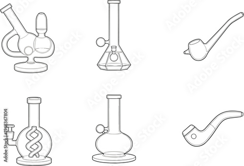 Vector Outline Illustration Set of Scientific Glass Bongs with Spiral Percolators Geometric Water Pipes and Ergonomic Tobacco Smoking Hand Pipes