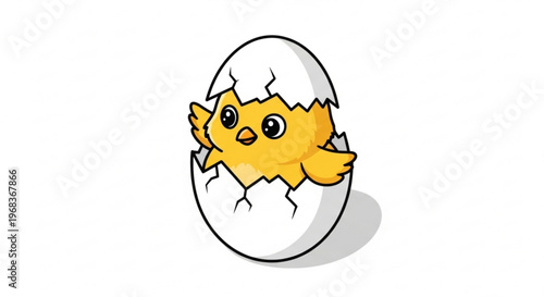 Cute cartoon chick hatching from a cracked eggshell digital illustration