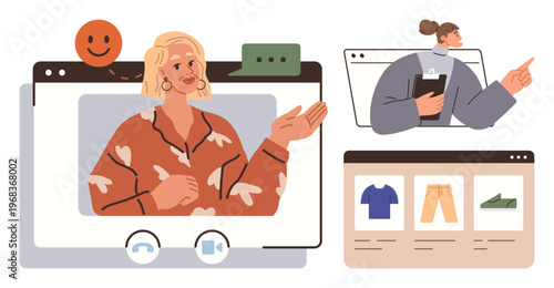 Online meetings, video presentations, e-commerce, remote work, digital marketing, virtual interactions. Diverse characters engaging with digital tools. Online meetings and e-commerce concepts