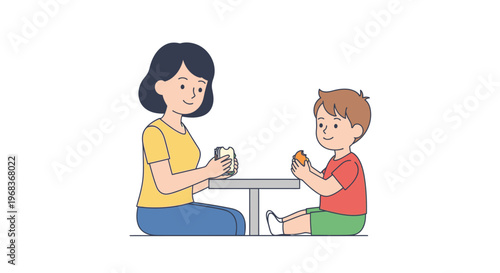 Woman and child sitting at table eating food and smiling