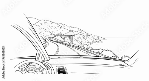 View from car dashboard overlooking a scenic coastal highway bridge