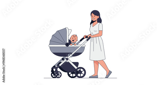Woman pushing a baby stroller with a newborn child inside