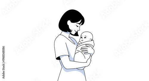 Mother holding newborn baby in arms, loving care