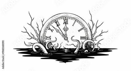 Vintage clock submerged with octopus tentacles rising from dark water