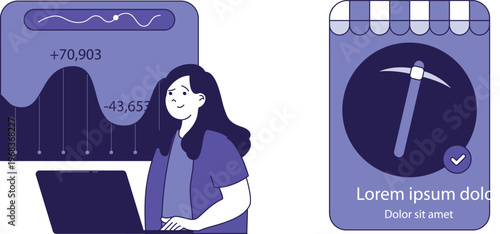 A woman analyzing stock market trends and verifying a mining-related app on her mobile device with a positive checkmark