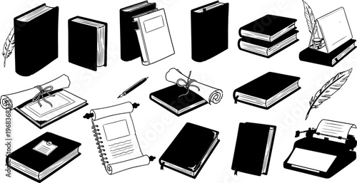 Black and white illustration of various books and writing tools