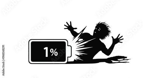 Frustrated person running out of battery energy exhausted collapse next to low power icon on white background