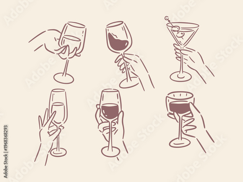 Doodle set of hands holding wine, champagne and cocktail glasses, minimal line art for celebration and party.