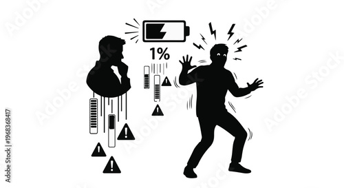 Frustrated businessman struggling with low battery warning on phone device in stressful office situation with deadline