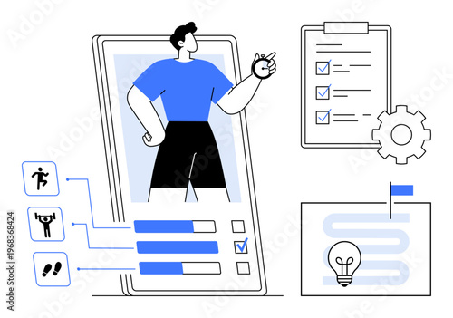 Fitness tracking concept. Fitness apps monitor health, exercise progress, and goals. Fitness tools include activity tracking, progress reports, and wellness data. For apps, health tech planning