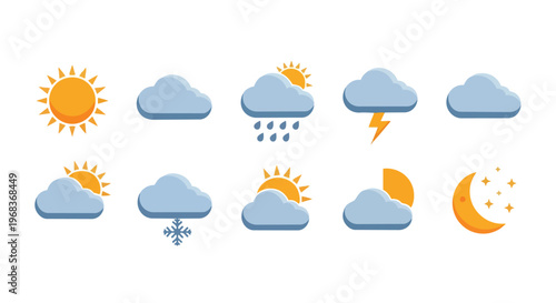 Diverse Weather Icons Representing Various Atmospheric Conditions From Sunny Days to Stormy Nights