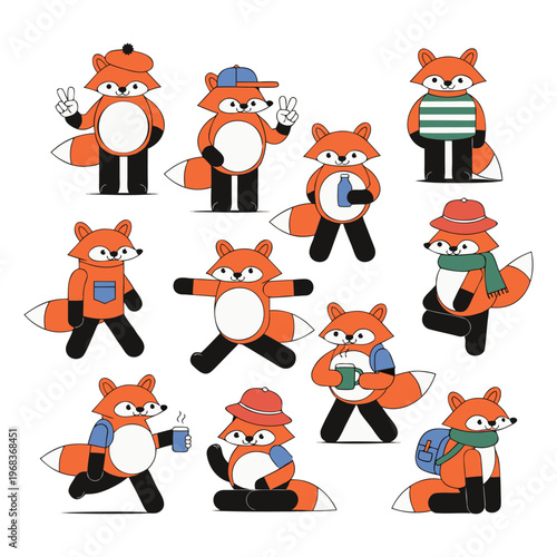 WebAdorable Orange Fox Cartoon Collection Featuring Different Poses in Minimal Flat Vector Design