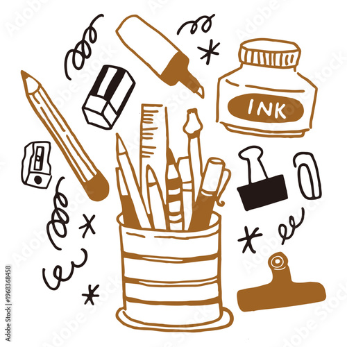 Hand Drawn Stationery Doodle Set – Pencil, Ruler, Ink Bottle and Office Supplies Line Illustration