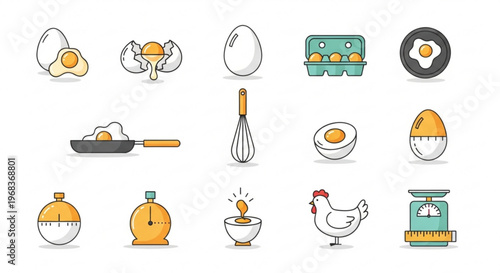 Colorful illustration of eggs cooking tools and a chicken displayed together
