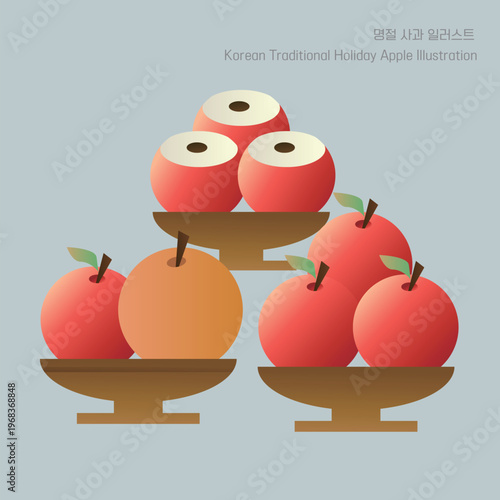 Korean Traditional Holiday Food Illustration - Apples and Pear on Ritual Plates - 한국 전통 제사상 과일 세팅 플랫 벡터 일러스트