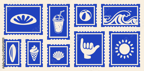 Retro Tropical Beach Postcard Stamps Set, Vintage Summer Vibes Print with Waves, Shaka Sign, Surfboard, Vacation Postage Sticker Collection Vector Illustrations for T-Shirt, Scrapbook, Poster