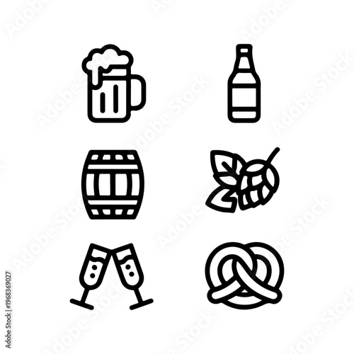 Minimal Beer Icons Collection – Mug, Bottle, Keg, Hops, Toast, Pretzel

