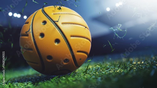 Basketball rolling on grass with glowing motion