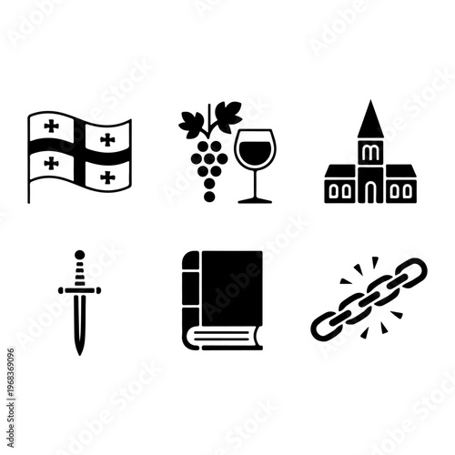 Georgian Independence Icon Set in Minimal Vector – St. George Cross, Grapevine & Wine Glass, Church Tower, Sword, Book, Breaking Chain
