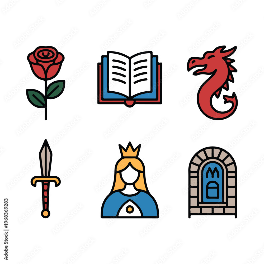 Fototapeta premium Saint George Festival Icon Set – Rose, Open Book, Dragon, Knight Lance, Princess, Castle Window 