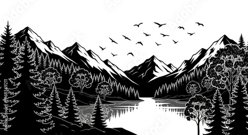 Black and white illustration of a serene mountain landscape with a lake, trees, and birds flying overhead against a stark white background.