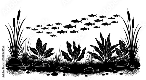 Black silhouette illustration of aquatic plants and rocks with a school of fish swimming above in a white background.