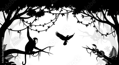 Black silhouette illustration of a monkey on a tree branch with a bird flying nearby, surrounded by string lights and foliage against a white background.
