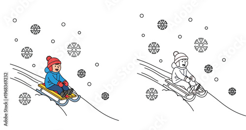Vector Illustration of a Child Sledding Down a Snowy Hill, Featuring Colored and Line Art Versions for Kids' Coloring Book, Winter Outdoor Activity and Childhood Fun