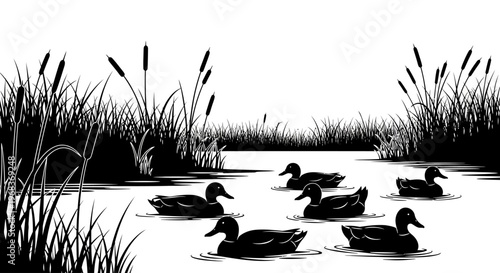 Black and white illustration of a group of ducks swimming in a pond with cattails and tall grasses, against a plain white background.