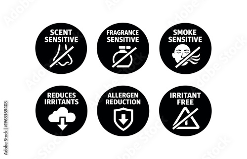 Sensitive badge icon set. scent sensitive, fragrance sensitive, smoke sensitive, reduces irritants, allergen reduction, irritant free. line, flat and colored vector icon set.