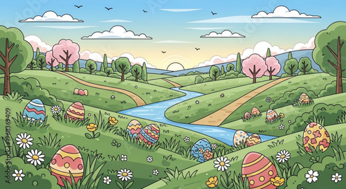 A vibrant spring landscape with colorful easter eggs scattered throughout