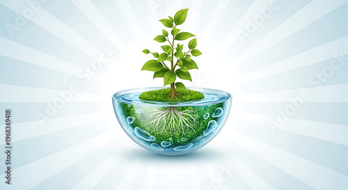 Small plant growing in a transparent bowl with water and roots visible transparent background