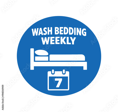 Wash bedding weekly icon. bed, bedding, mattress, pillow, laundry reminder, weekly wash, hygiene. household care, bedroom maintenance, sanitize, routine, schedule. flat vector illustration isolated