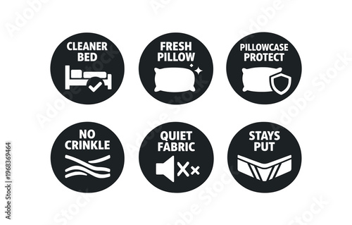 Pillow care icon set. cleaner bed, fresh pillow, pillowcase protect, no crinkle, quiet fabric, stays put. line, flat and colored vector icon set.