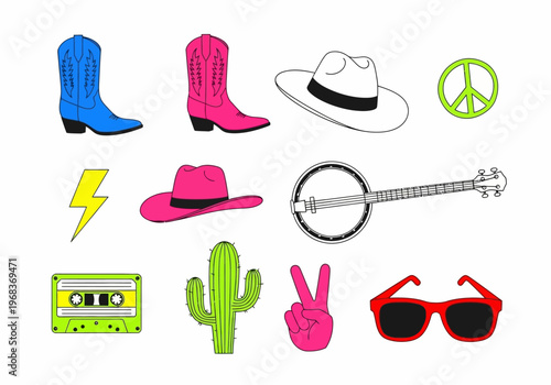 Vibrant Retro Western Vector Icon Set with Cowboy Boots, Hats, Banjo, and Pop Art Elements for Stickers and Graphic Design