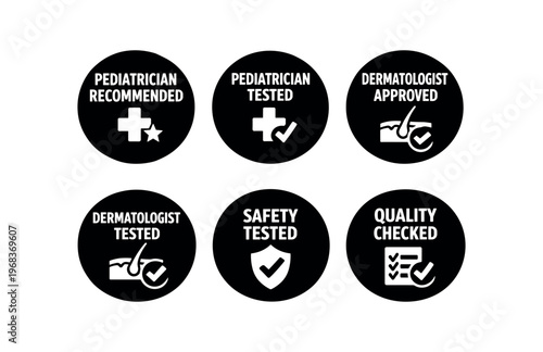 Pediatrician and dermatologist recommended icon set. pediatrician tested, dermatologist approved, safety tested, quality checked, medical certification symbols. line, flat and colored vector icon set.