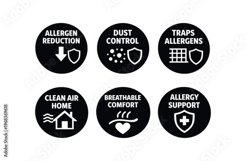 Allergen control icon set. allergen reduction, dust control, traps allergens, clean air home, breathable comfort, allergy support. line, flat and colored vector icon set.