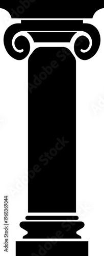 Classical pillar column icon in black flat style featuring architecture, colonnade, post, support and structure synonym elements for building, antique and design use