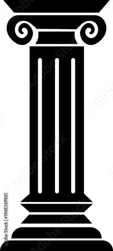 Classical pillar column icon in black flat style featuring architecture, colonnade, post, support and structure synonym elements for building, antique and design use
