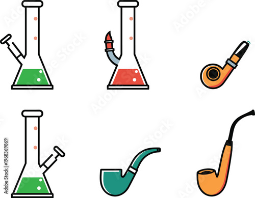 Colorful Vector Icon Set Featuring Flat Line Illustrations of Glass Water Bongs and Tobacco Smoking Pipes for Modern Lifestyle Design