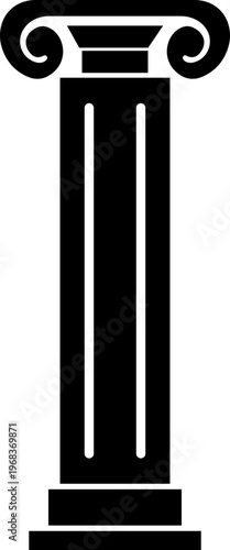 Classical pillar column icon in black flat style featuring architecture, colonnade, post, support and structure synonym elements for building, antique and design use