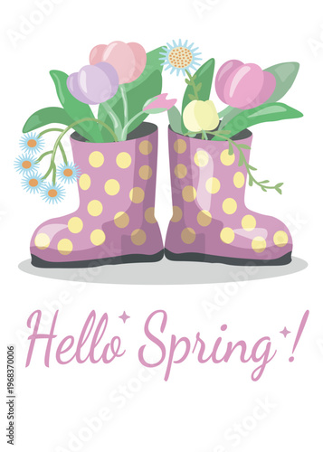 Purple polka dot rain boots with tulips and "Hello Spring!" text, floral greeting card
