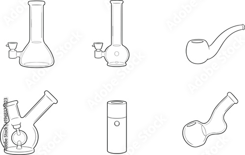 Outline Vector Illustration Set of Glass Water Bongs Beaker Pipes Smoking Hand Pipes and Herb Grinder Accessories for Cannabis Culture