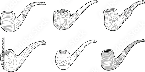 Detailed Outline Vector Illustration Set of Traditional Wood Grain Tobacco Smoking Pipes and Artistic Handcrafted Wooden Pipe Silhouettes for Design
